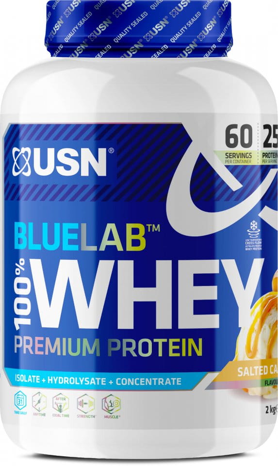 Syrovátkový proteinový prášek USN 100 % Premium BlueLab 908 g slaný karamel