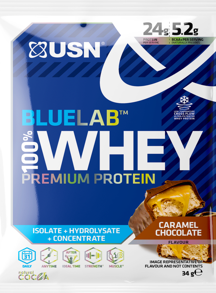 Syrovátkový proteinový prášek USN 100 % Premium BlueLab vzorek 34 g čokoláda s karamelem